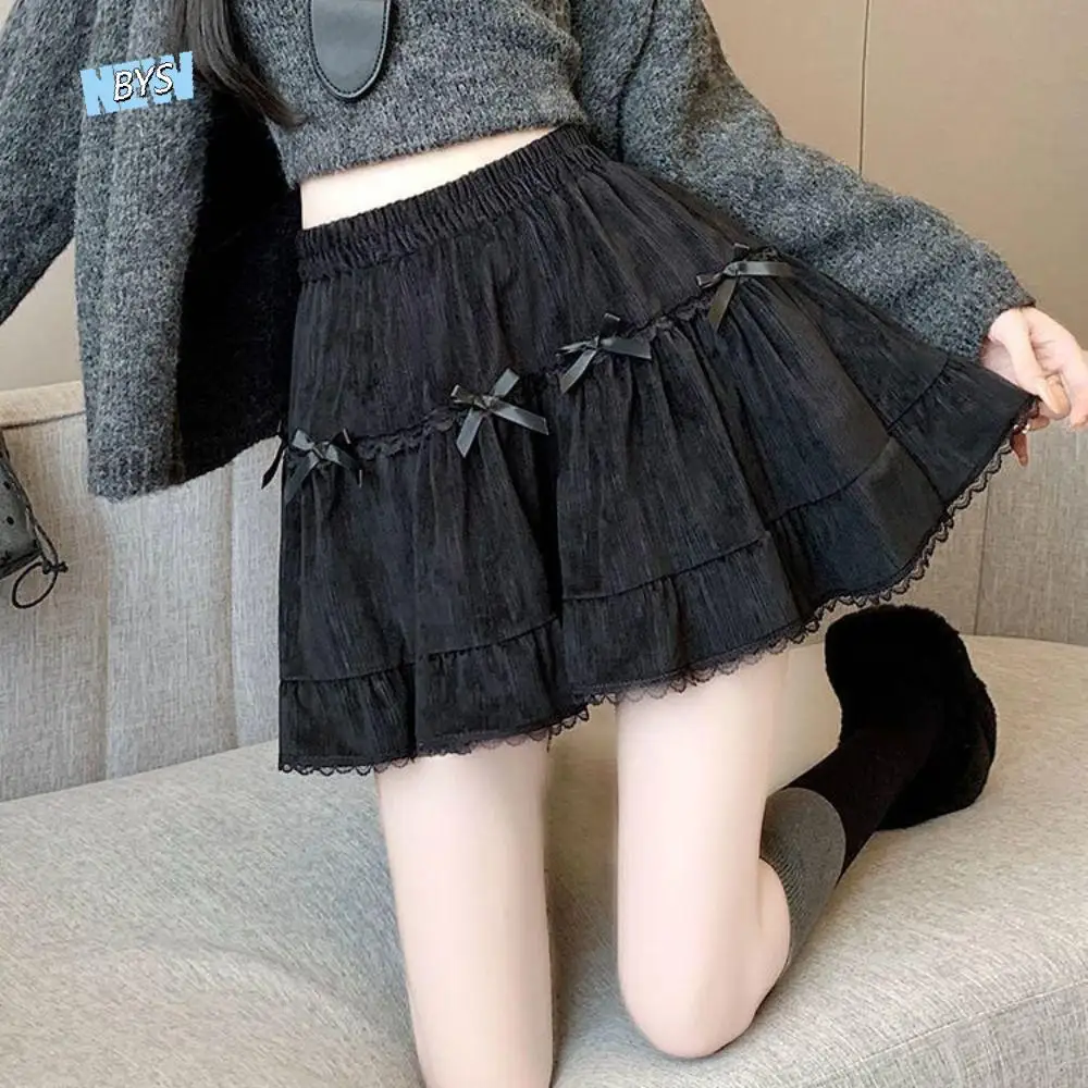 

High Waist Girls Short Mini Skirt Loose with Safety Pants Bowknot A-line Skirt Cake Dress Ruffle Lace Pleated Mini Skirts Lady