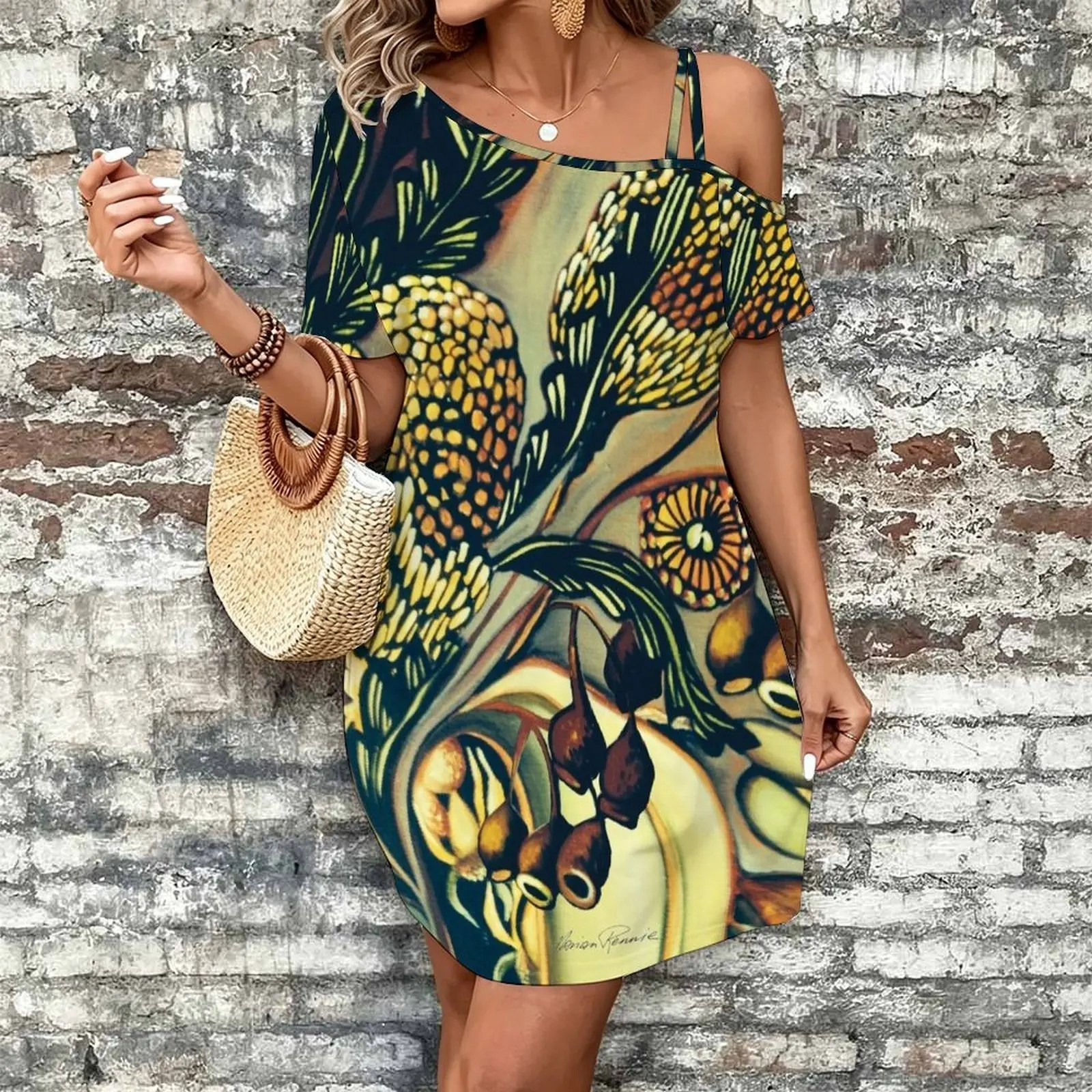 The Colours of Australia Women's Slanted Shoulder Single Strap Short-Sleeved Dress