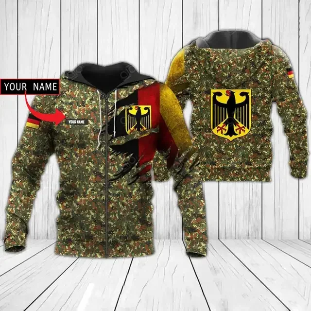 Sudadera con capucha con estampado 3D de camuflaje alemán para hombre, jersey con cremallera de moda urbana, suéter con bandera alemana, Sudadera