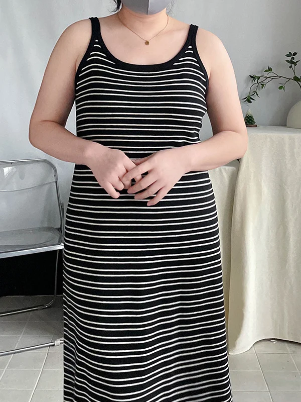 

plus Size Knitted Dr with Strap A-Line Long Dr Inner Wear Stripe Pattern Svel Dr for Women over 200 Pou