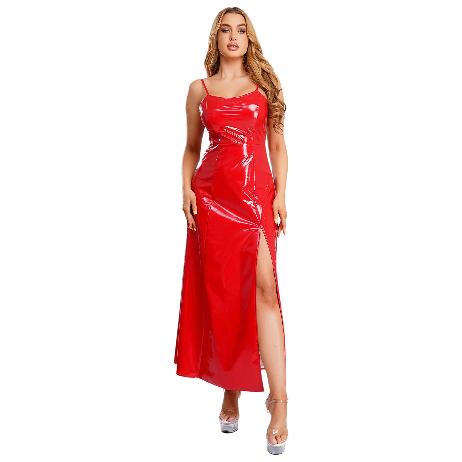 Womens Gothic Punk Glossy Maxi Dress PU Leather Side Slit Hem Back Lace-up Sling Bodycon Dress Raves Party Costume Clubwear