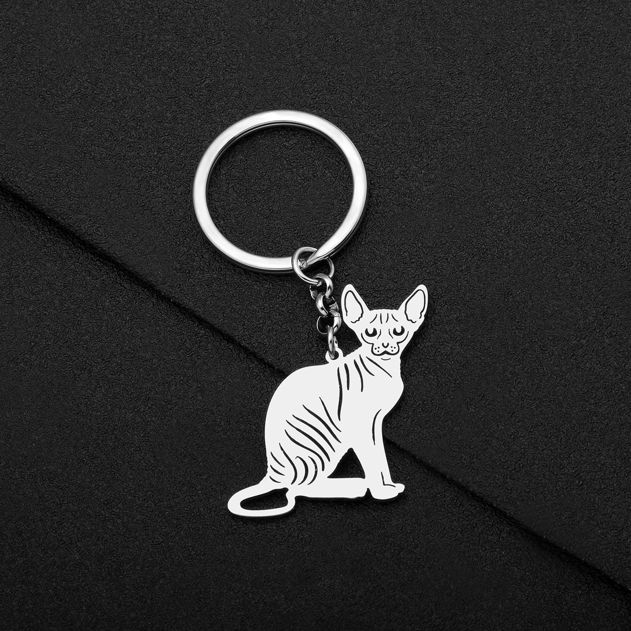 Bonsny Stainless Steel Silver-plated Canadian Hairless Cat Key Ring Pet Animals Keychains Key Chains Bag Charm For Women Jewelry