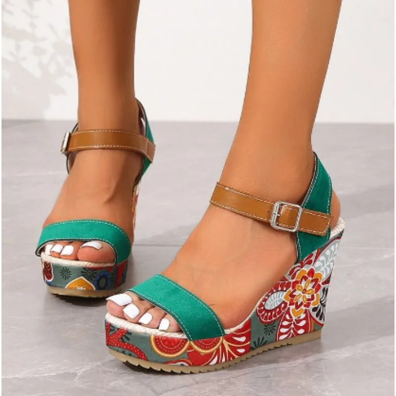 

Women Wedges Sandals Print Casual Platform Slippers 2025 New Summer Fashion Sandals Women Walking High Heels Shoes for Women