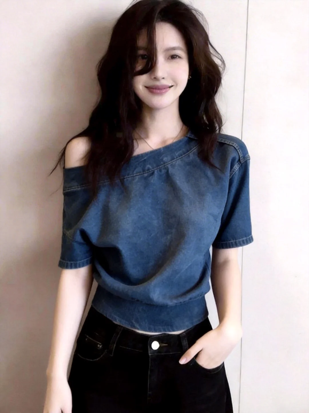 

Hot Girl Asymmetrical Shoulder Denim T-Shirt Women's Style French Casual Loose Fit Short Sleeve Knitted Knitwear Top