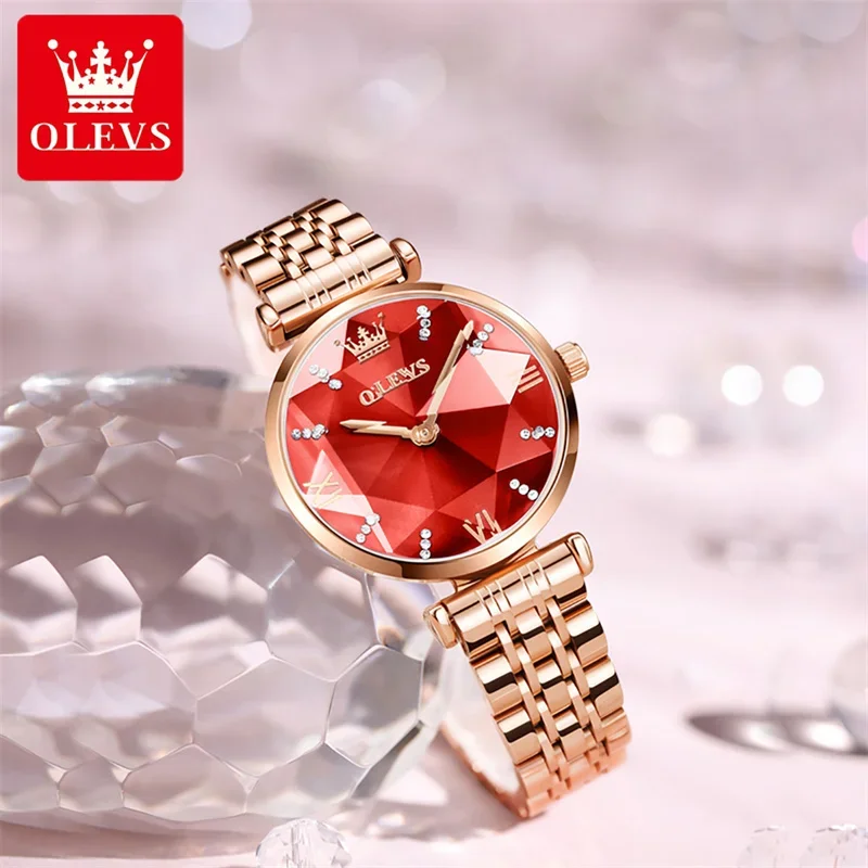 Olevs 6642 womens watches top luxury rhombus mirror quartz watch women stainless steel waterproof ladies wristwatches