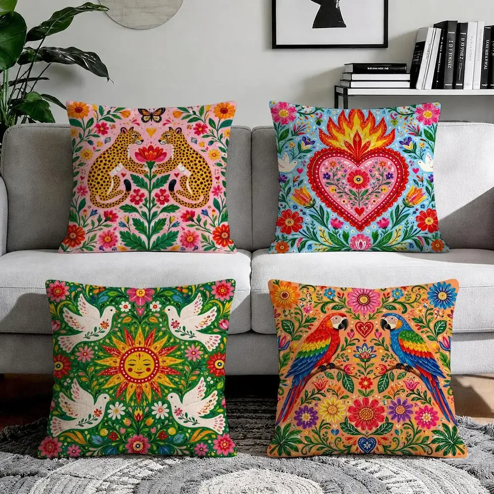 Mexico Folk Style Painted Print Cushion Cover Natural Breathable Durable Linen Printed Decor Pillow Case Sofa Bedroom
