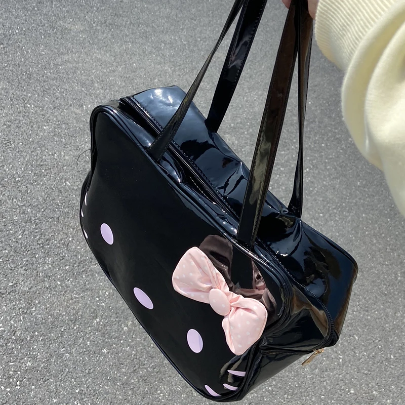 Hello Kitty Kawaii borsa Sanrio Cartoon Bow Y2K Pu Leather impermeabile durevole studente Versatile borsa a tracolla di grande capacità