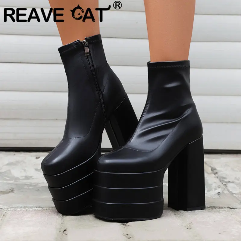 REAVE CAT Fashion Women Ankle Boots Toe Block High Heels 14cm Platform Hill 7.5cm Party Booty 44 45 46