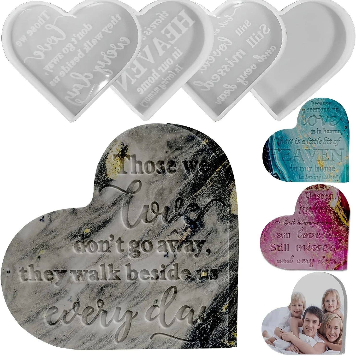 

4-piece set of epoxy resin silicone molds - with engraved inspirational words, heart-shaped commemorative plaques, DIY consolati