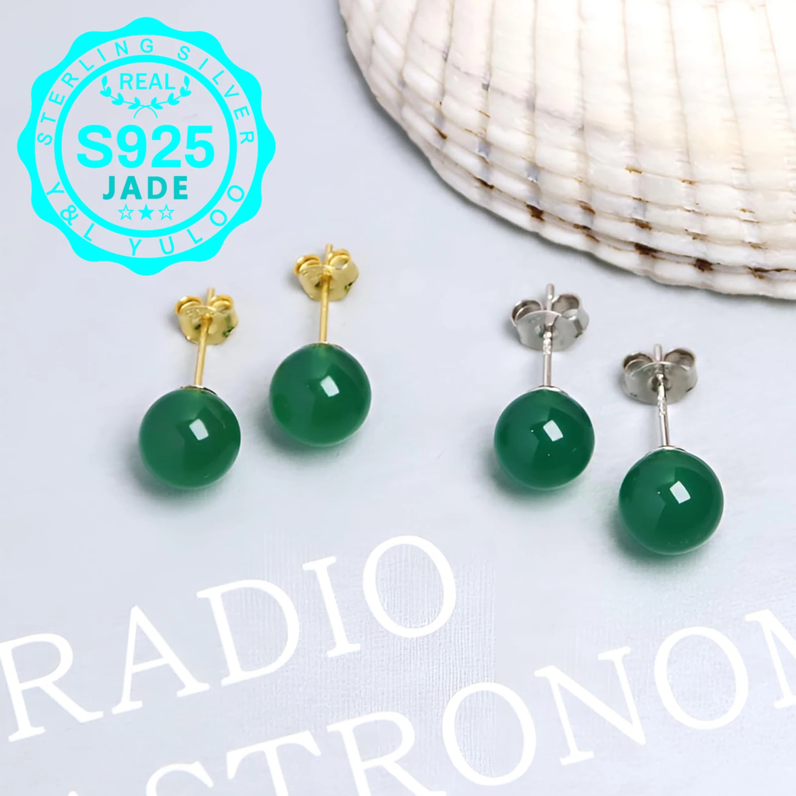 Natural green jade stone round 925 sterling silver earrings, simple and fashionable