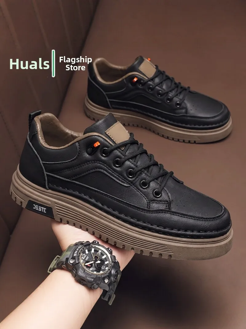 Men's Casual Slip-On Work Sports Shoes Waterproof Non-Slip Black Leather Fashionable All-Match Fall Trend round Toe Thick Bottom