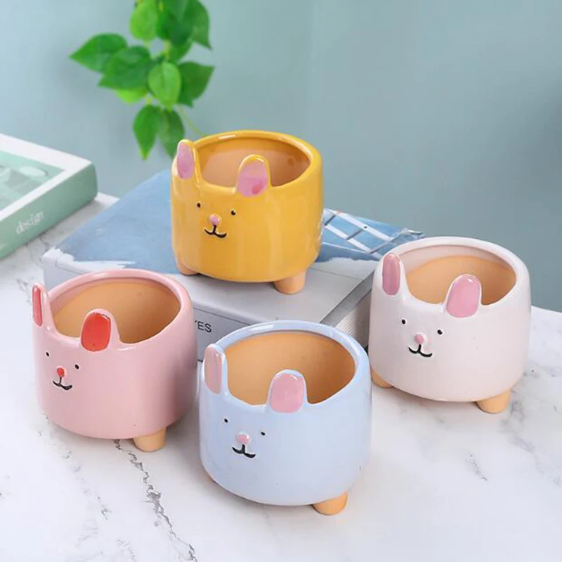 Cartoon Animal Rabbit Shape Macetas Flowerpot Plant Pot Ceramic Breathable Vase Desktop Ornaments Home Garden Decor