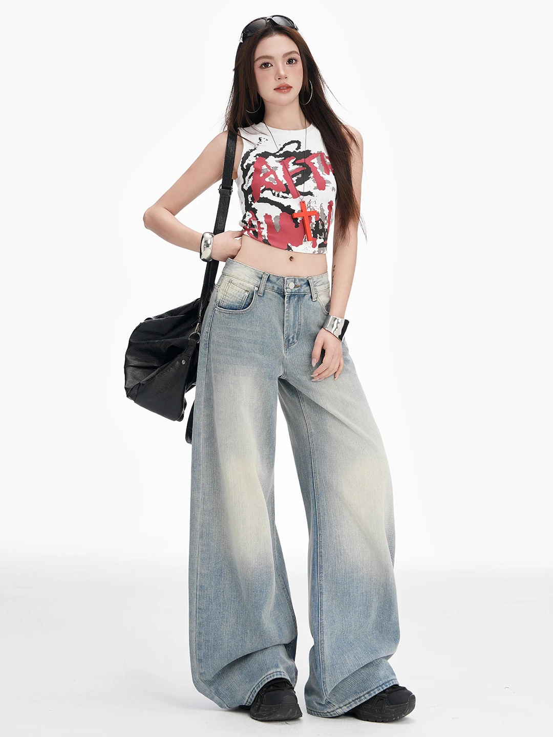 Calça Jeans Wide Leg Azul Claro Desgastada MGJM Unissex, Estilo Básico Versátil para Casais, Calça Longa Casual Juvenil