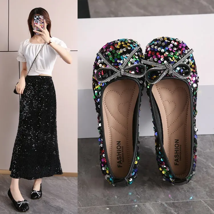 2026 Damen Glitzer-Ballerinas Lässige Gehschuhe Frühling Neu Runde Zehenkappe Schleife Modische Marken-Kleiderschuhe Zapatillas Mujer – Detail 24