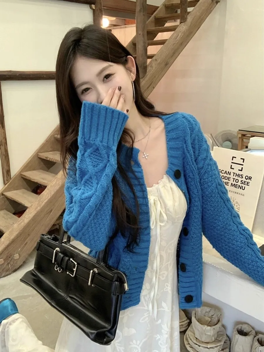 

Klein Blue Thiened Knitted Sweater Coat Women's Loose Fit Long Sve round Ne Open Cardigan Autumn Winter Lazy Sle