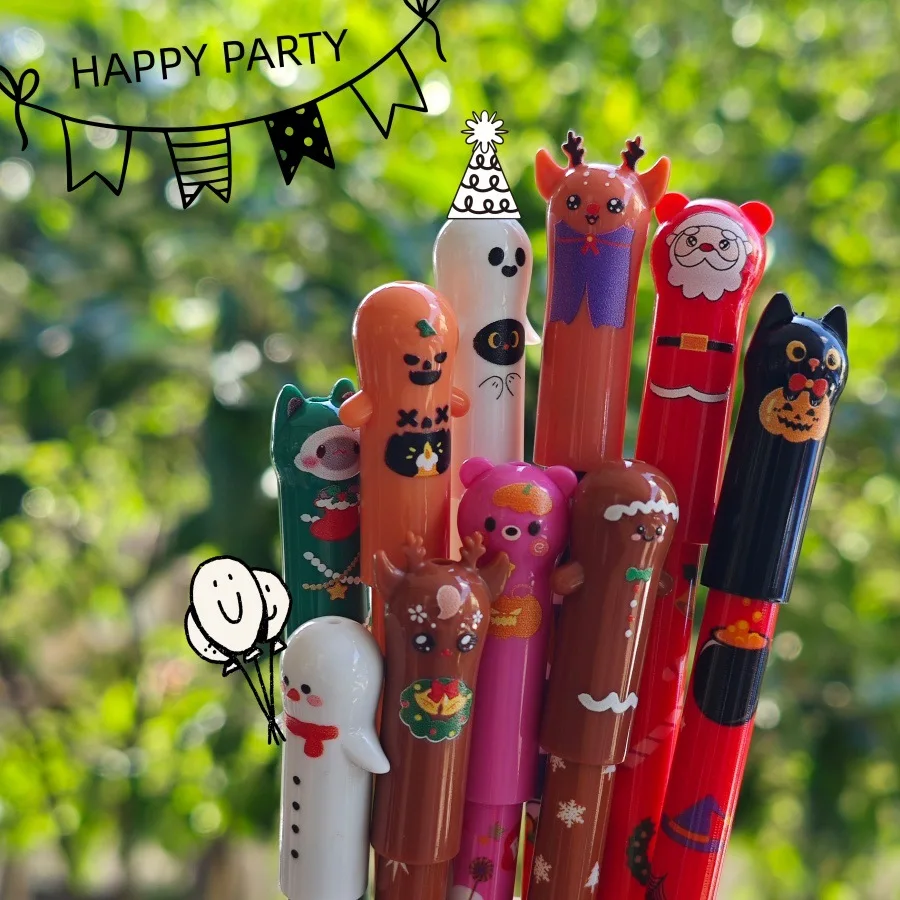 5/10pcs Christmas Halloween Cartoon Erasable Pens, Gel Pens with Figurine Topper, 0.5mm Kawaii Stationery,Student Writing Pen