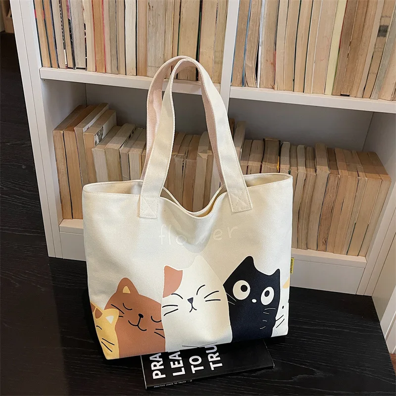 

Холщовая сумка через плечо с кошачьим принтом, вместительная сумка-тоут с ручками для женщин и студенток, удобная и универсальная текстурированная сумка для хранения вещей