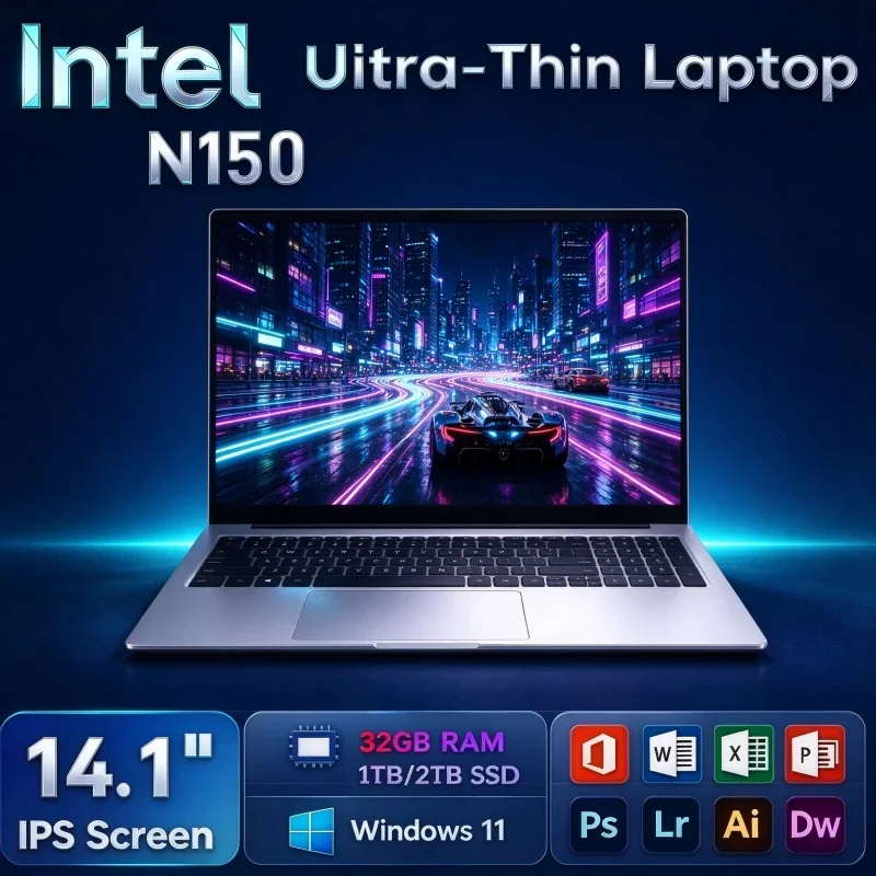 Ultra Slim 14.1 Inch Notebook PC Intel N150 32GB RAM 2TB SSD 1920×1080 Resolution Windows 11 Laptop For Home Study Gaming