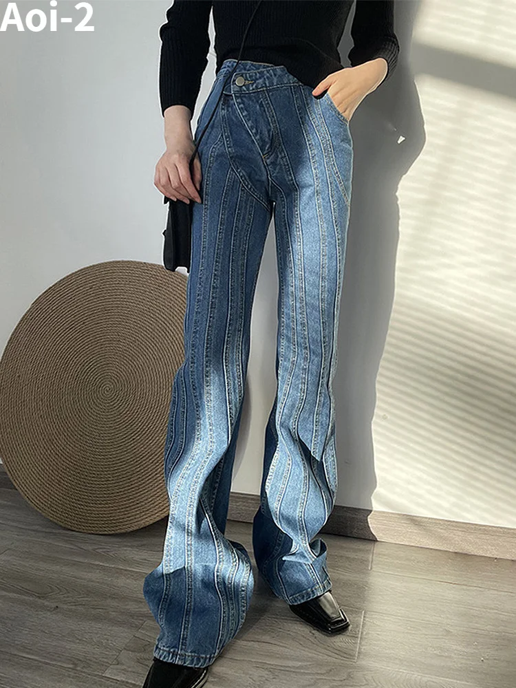 Vintage Fashion Micro La Jeans Women's 2023 New StreetWear Slant Placket High Waist Asymmetric Washed Slim-Fit Straight Pants