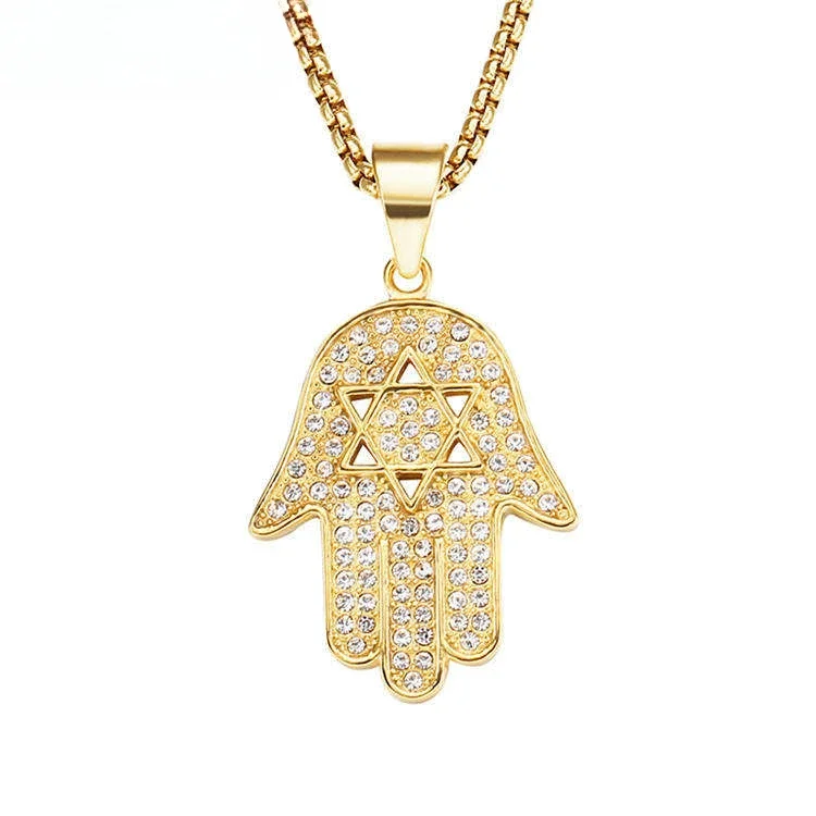 

Tianyu gems customized jewelry hand pendant mens 14k 18k pure gold chains moissanite diamond hop hamsa necklace