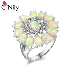 CiNily Luxury Created White Fire Opal Rings Cubic Zirconia Silver Plated Flower Ring for Women Engagement Party Fashion Jewelrys