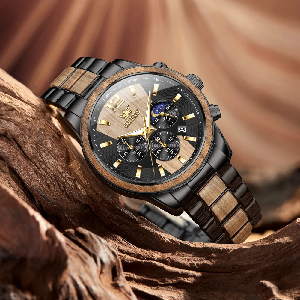 OLEVS Men's Watches Luxury Original Wooden Quartz Wristwatch Waterproof Luminous Date Watch for Man Reloj Hombre