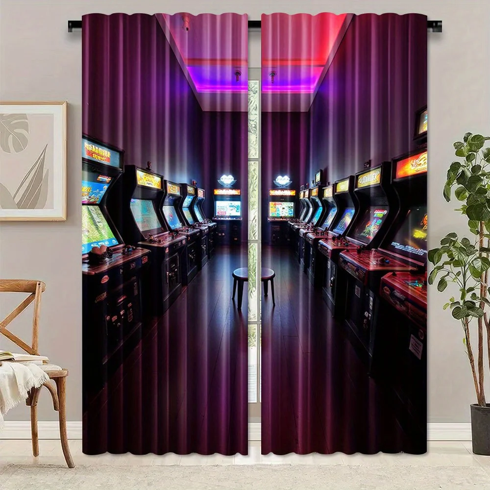 Neon Arcade Window Curtain 2 Panels, Classic Pinball Cabinets Purple Neon Game Alley Pattern, Drapes for Living Room Curtain