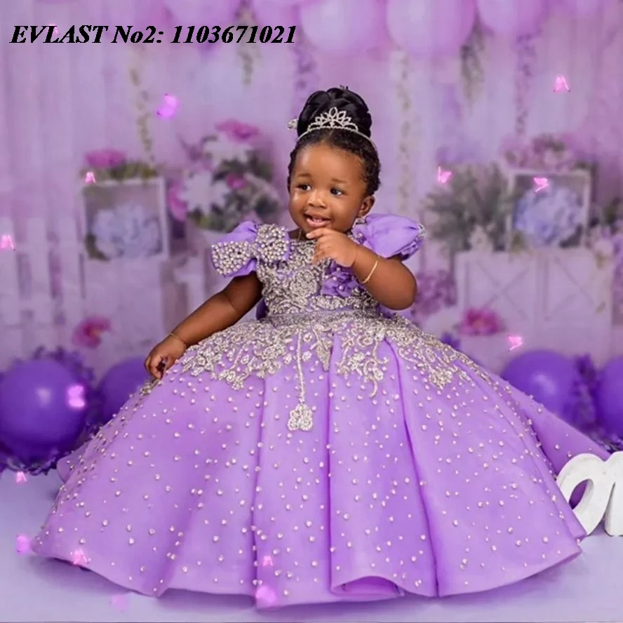 

EVLAST Customized Lilac Flower Girl Dress For Weddings Pearls Beaded Little Girls Pageant Birthday Party Communion Gown FD82