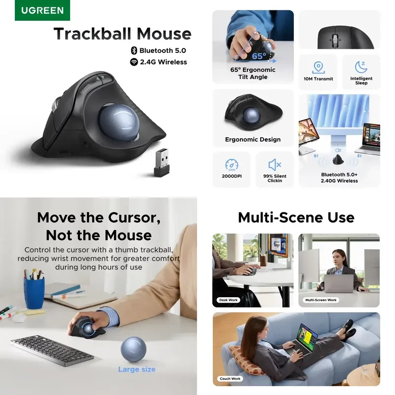 For UGREEN Vertical Trackball Mouse Wireless Bluetooth 2.4G Rechargeable Ergonomic 65 Degree Silent Optical Mice for PC