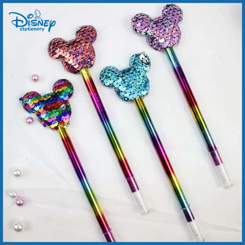 Disney 24pcs Cartoon Gel Pen Mickey Sequined Stationery Pens 0.5 Black Students Writing Tools Cute Primary School Birthday Gifts