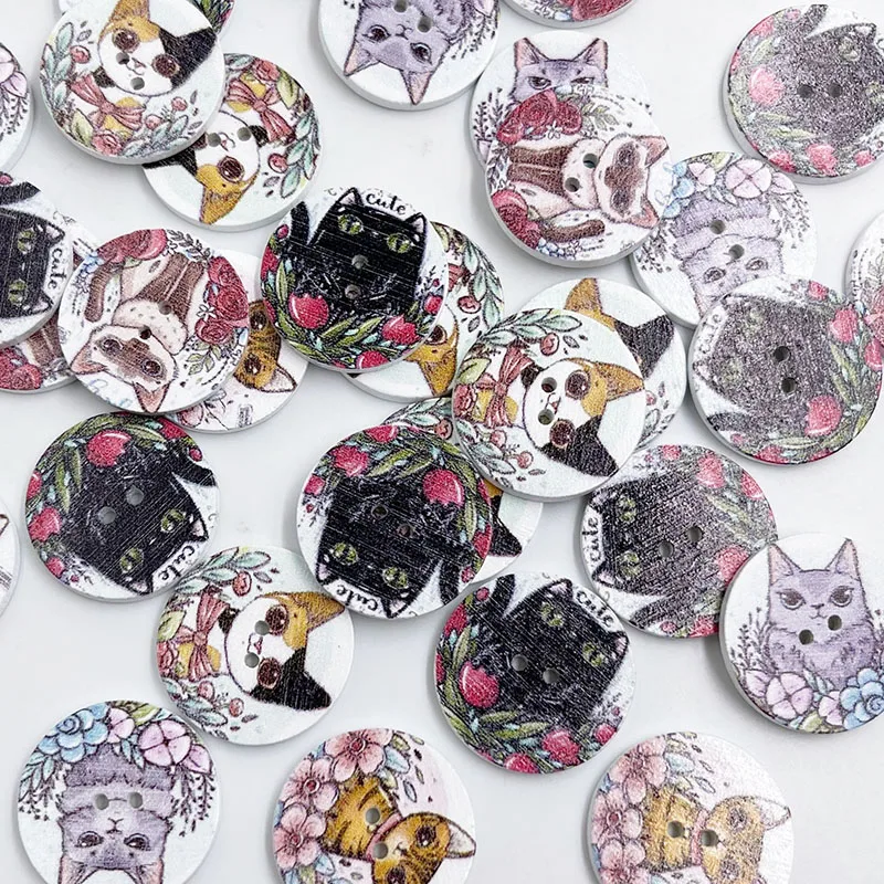 50pcs Round Mixed Cat Print Wooden Button Handwork Sewing Scrapbooking Clothing Crafts Gift Card 25mm WB889