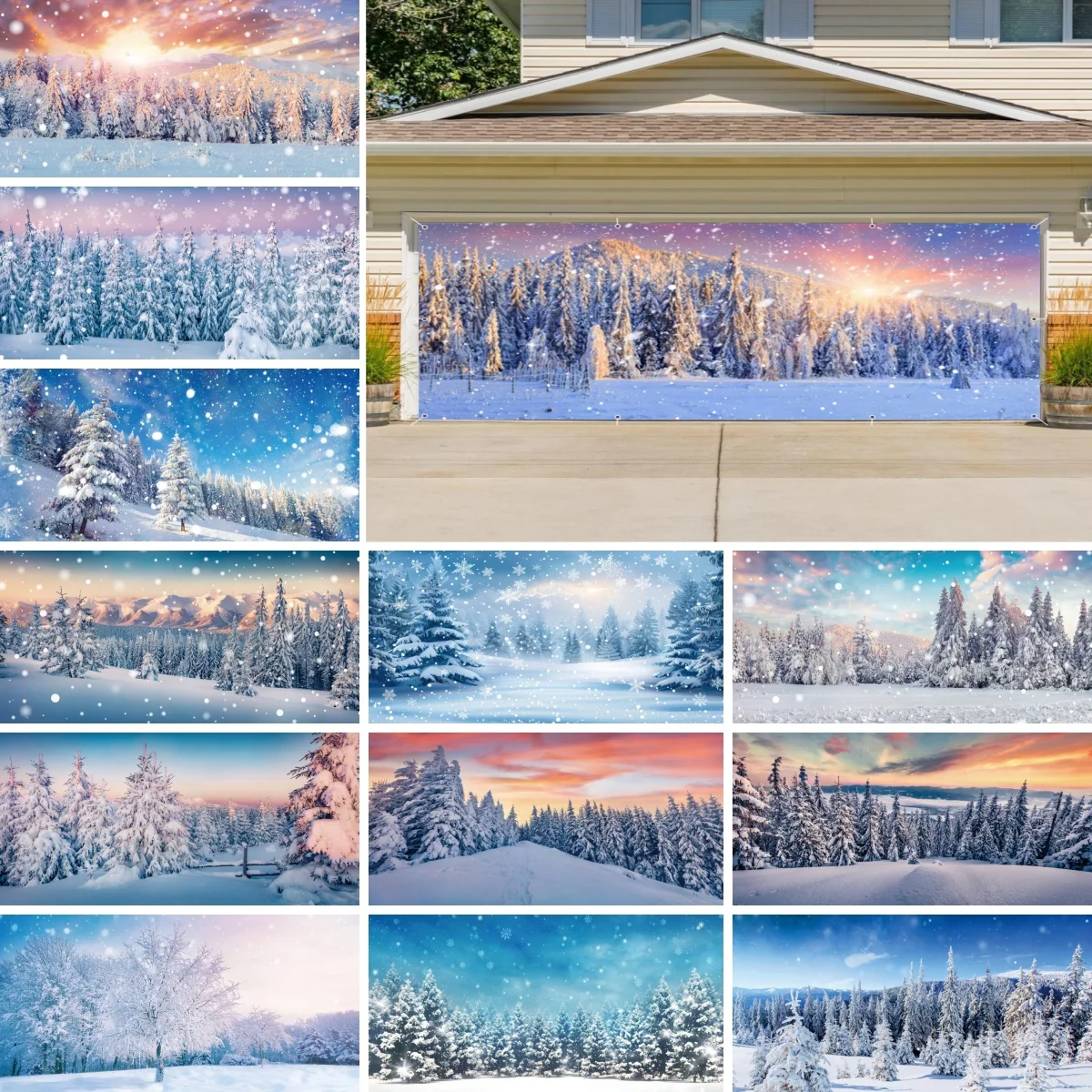 Winter Forest Snow Scene Garage Door Background Pine Christmas Tree Large Outdoor Courtyard Garage Door Decor Hanging Banner