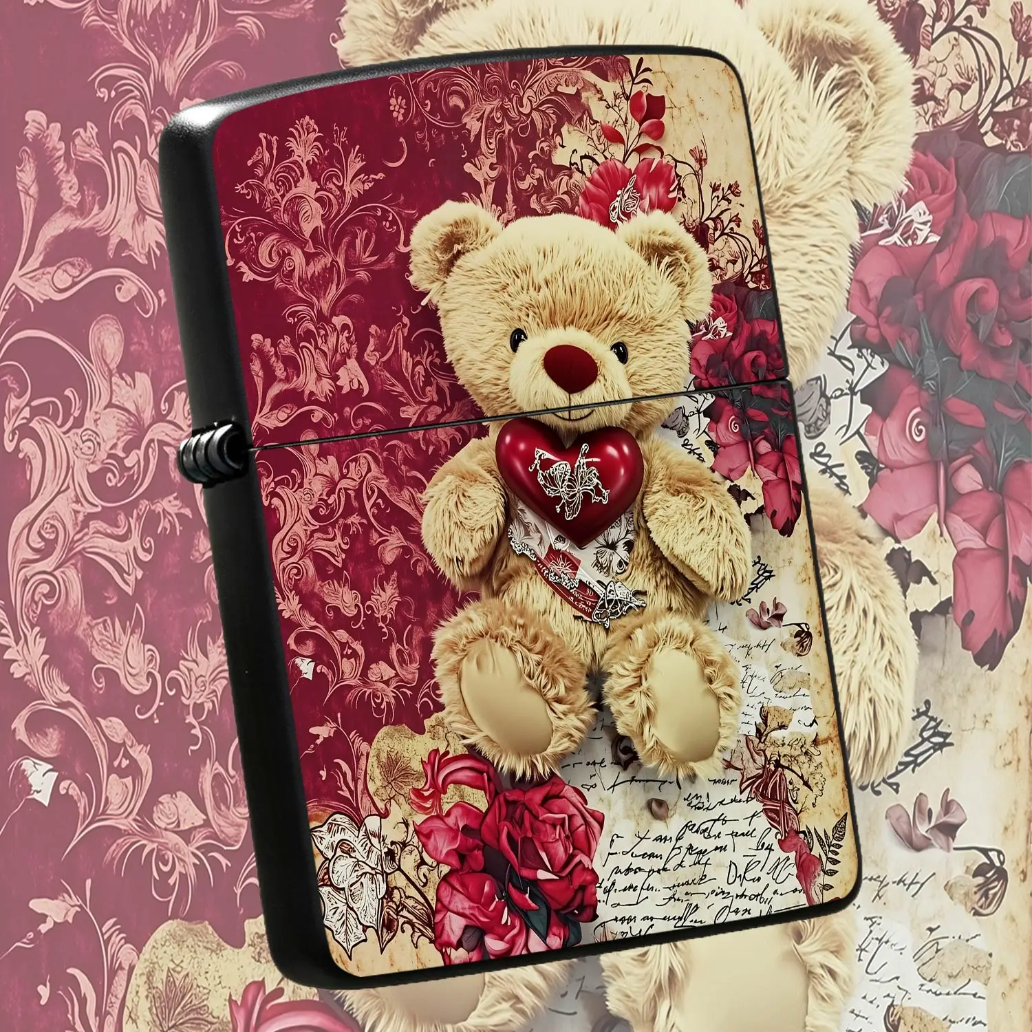 Vintage Teddy Bear Pattern Lighter, Romantic Red Rose Decor Portable Igniter, Exquisite Retro Scrapbook Style Warm Collectible, Perfect For Daily Use, Valentine'S Day Anniversary Gifting, Sweet Present For Lover Friends A Humorous And Inter
