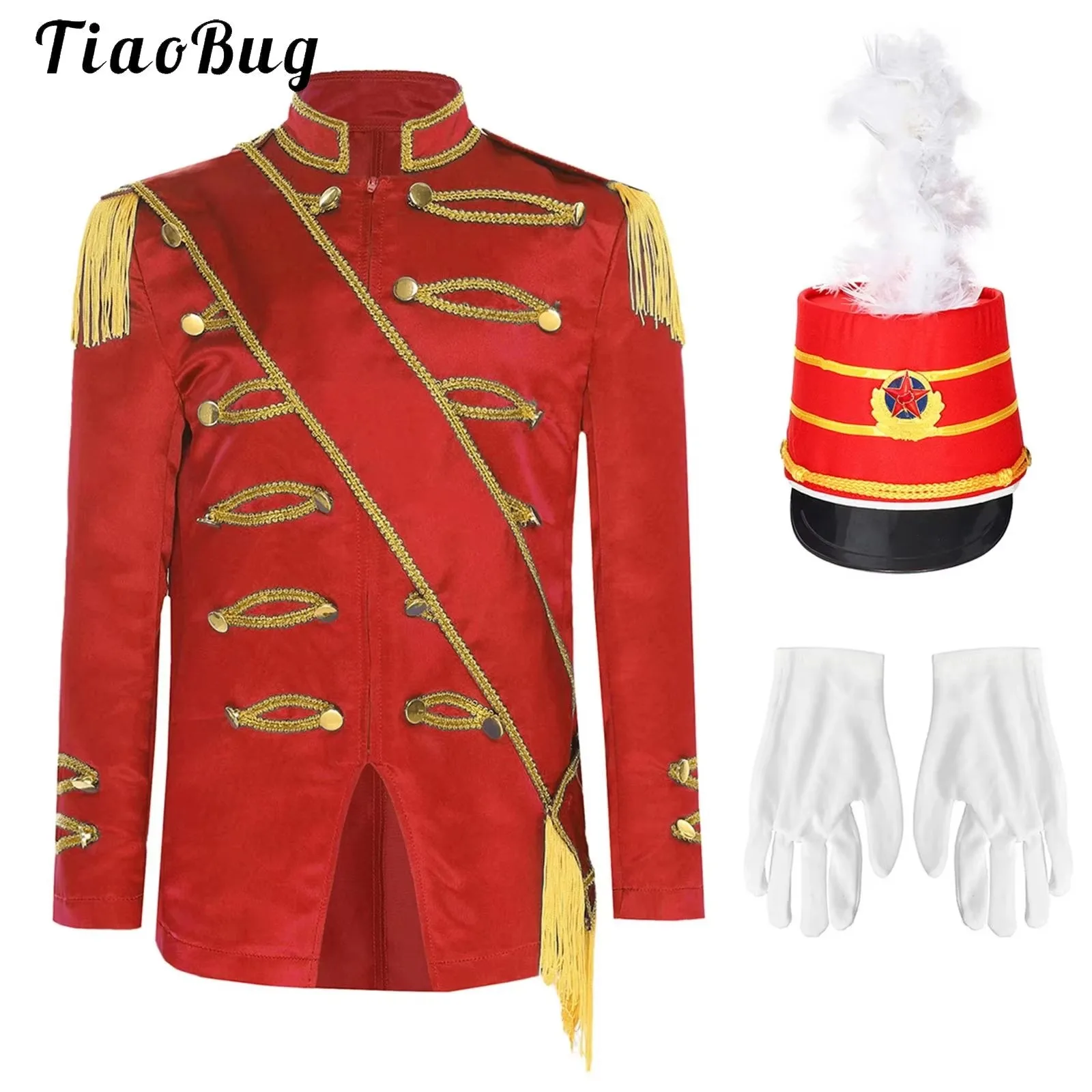 

Boys Halloween Nutcrackers Costume Set Drum Band Uniform Trumpet Zip-Up Tassel Jacket Coat +Sash Hat Gloves Ringmaster Cosplay