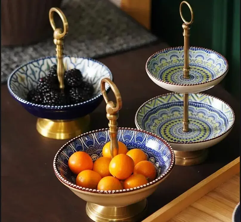 Chinese Style Painted Double Layer Ceramic Fruit Plate Metal Handle Home Living Room Desktop Candy Snack Party Cake Stand