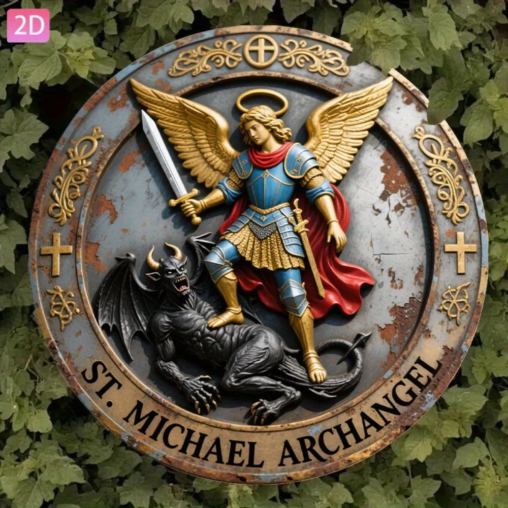 San Miguel Archangel Vintage Aluminum Wall Art, 2D Flat Metal Decor for Home Garden Bar Cafe Exterior, 7.87 Inch Modern Hanging