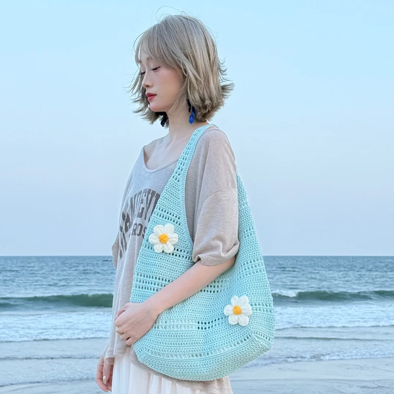 3D-Blumen-Hohlstrick-Umhängetasche, Koreanische Damen-Handtasche in Süßer, Niedlicher Einfarbiger Ausführung, für Pendeln und Freizeitreisen – Detail 11