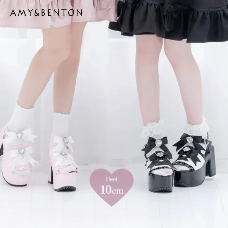 

2024 New Japanese Summer JK Uniform Shoes Sweet Rhinestone Bow Thick Heel Patent Leather Platform Lolita Mine Women's Sandals