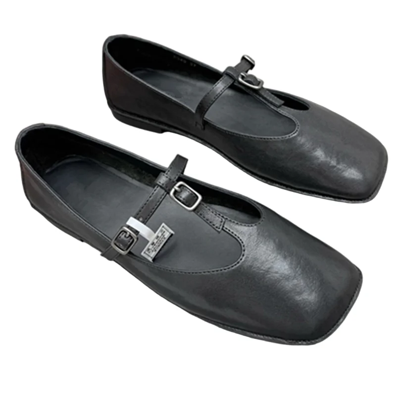 

Withered French Retro Sheepskin T-buckle Square Toe Flat Shoes Women Fashion Ladies Soft Comfortable Mary Jane Loafers Shoes