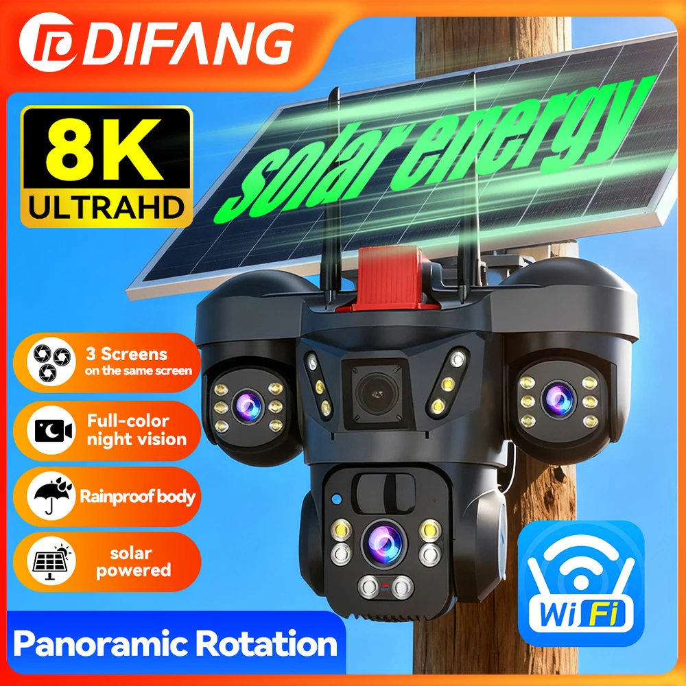 

DIFANG 20MP WiFI Solar 3 Lens 3 Screen 10X Zoom Outdoor 360° PTZ PIR Human Detection Auto Tracking CCTV 2-Way Audio V380 Pro