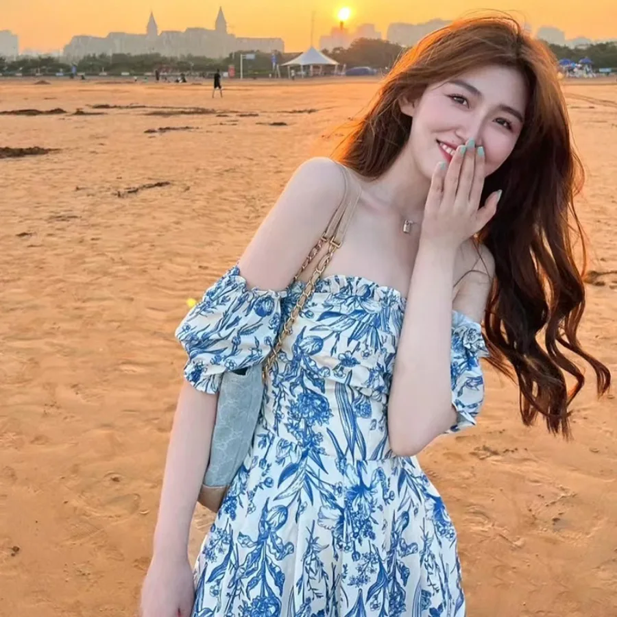 

【New style】11 Original recipe Sanya seaside vacation fairy dress French one-collar long dress summer photo travel