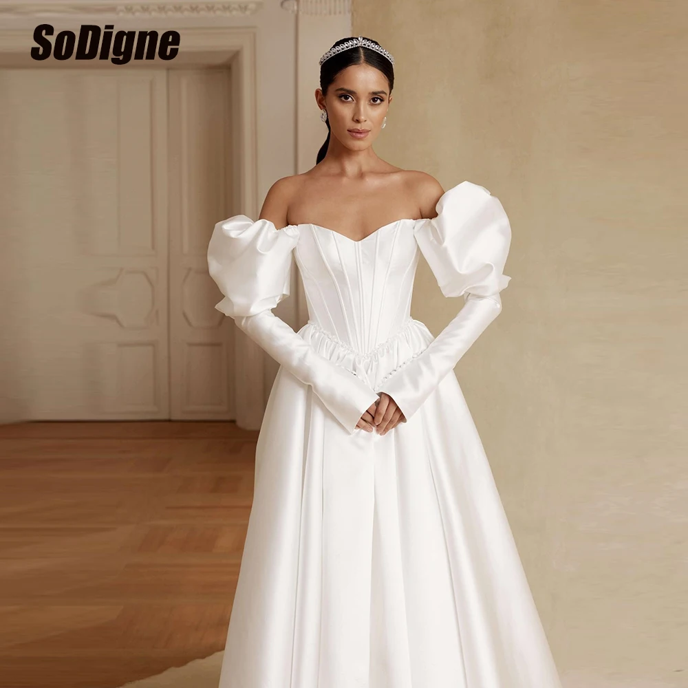 

SoDigne A-line Satin Wedding Dresses 2026 Sweetheart Long Sleeves Bridal Dress Beach Wedding Gown Robe De Mairee Customized