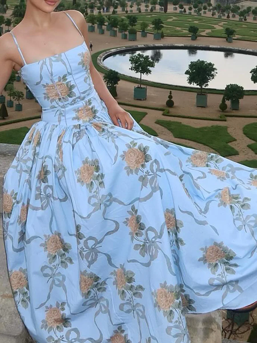 Elegante bloemen lange zonnejurk dames hoge taille uitgeholde jurk witte zonjurken zomer 2025, nieuw in avond afstudeerfeest
