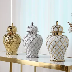 Ceramic Checkmate Jar Gingerbread Jar Gold Storage Tank Flower Vase Porcelain Craftwork Home Decoration Accessories