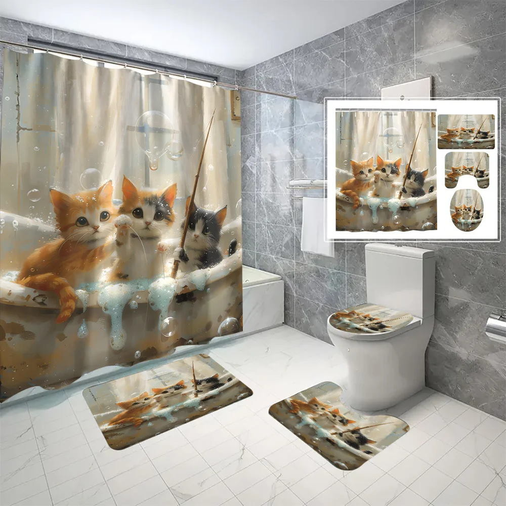

4-piece polyester cat print bathroom set with waterproof shower curtain, machine washable, includes C-hook