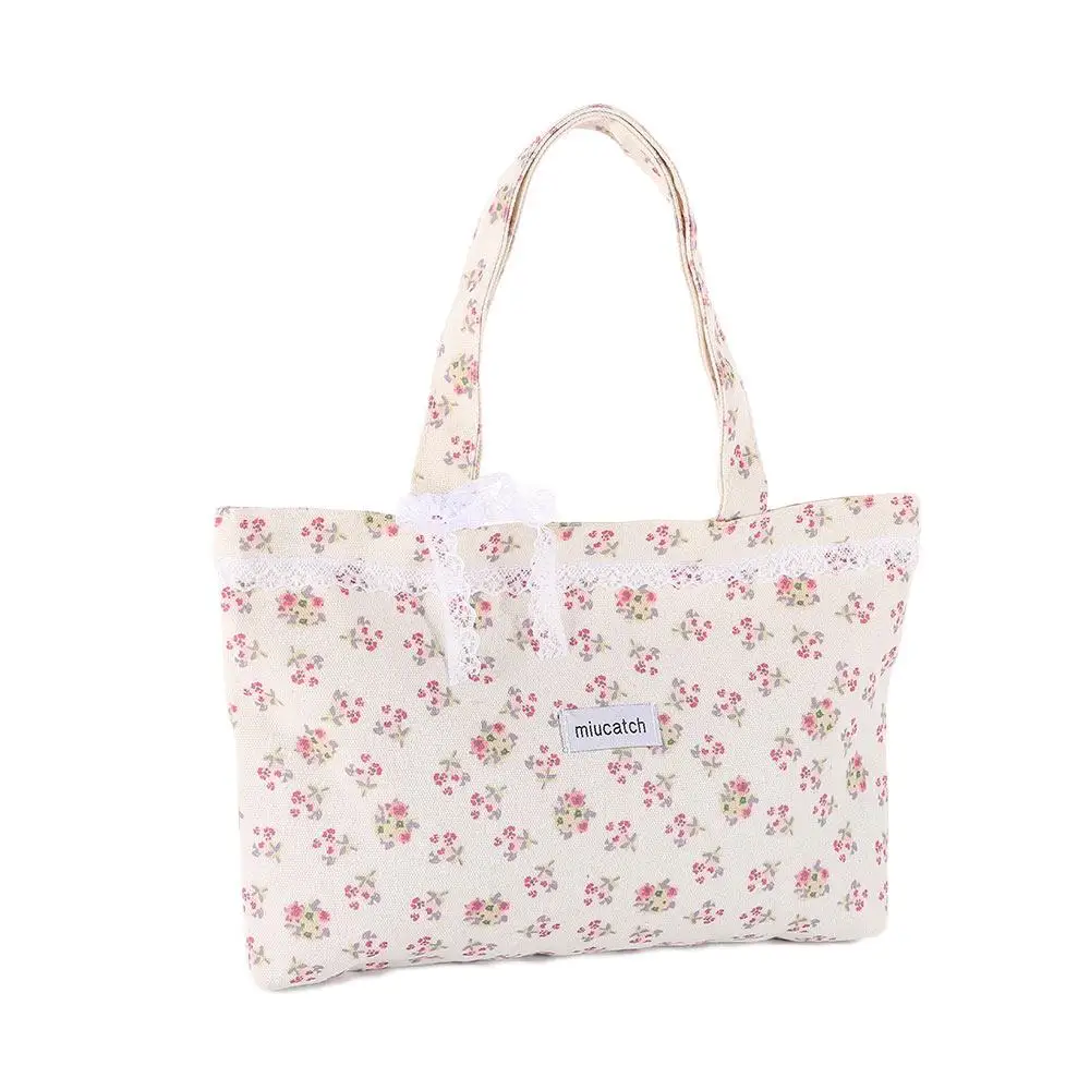 

New Canvas Printed Tote Bag Large Capacity with Lace Bow Handbag Sweet Storage Handbags