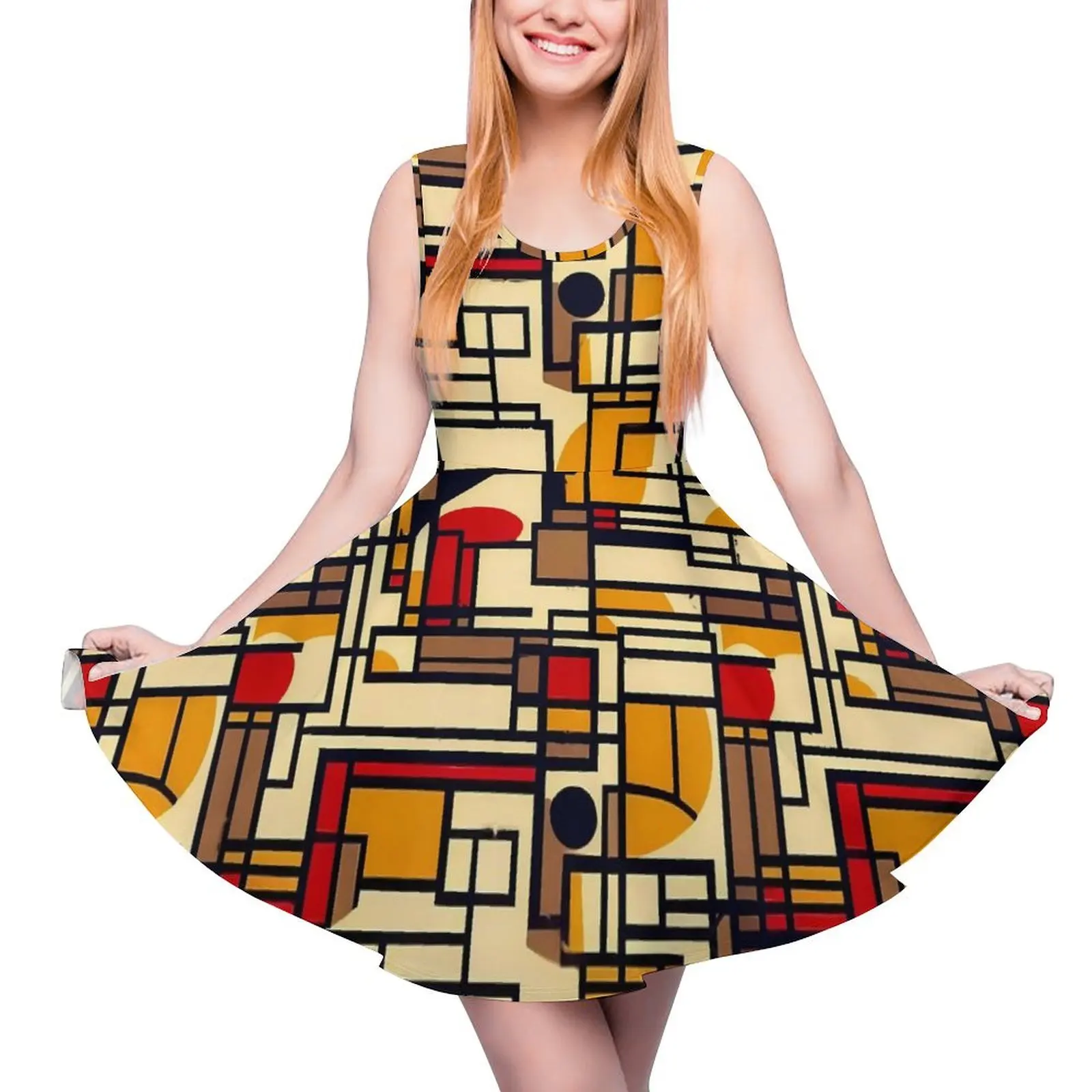 Vintage Geometrisches Kleid De Stijl Trendige Kleider Hohe Taille Casual Skate Kleid Weibliche Gedruckt Kleidung Geschenk