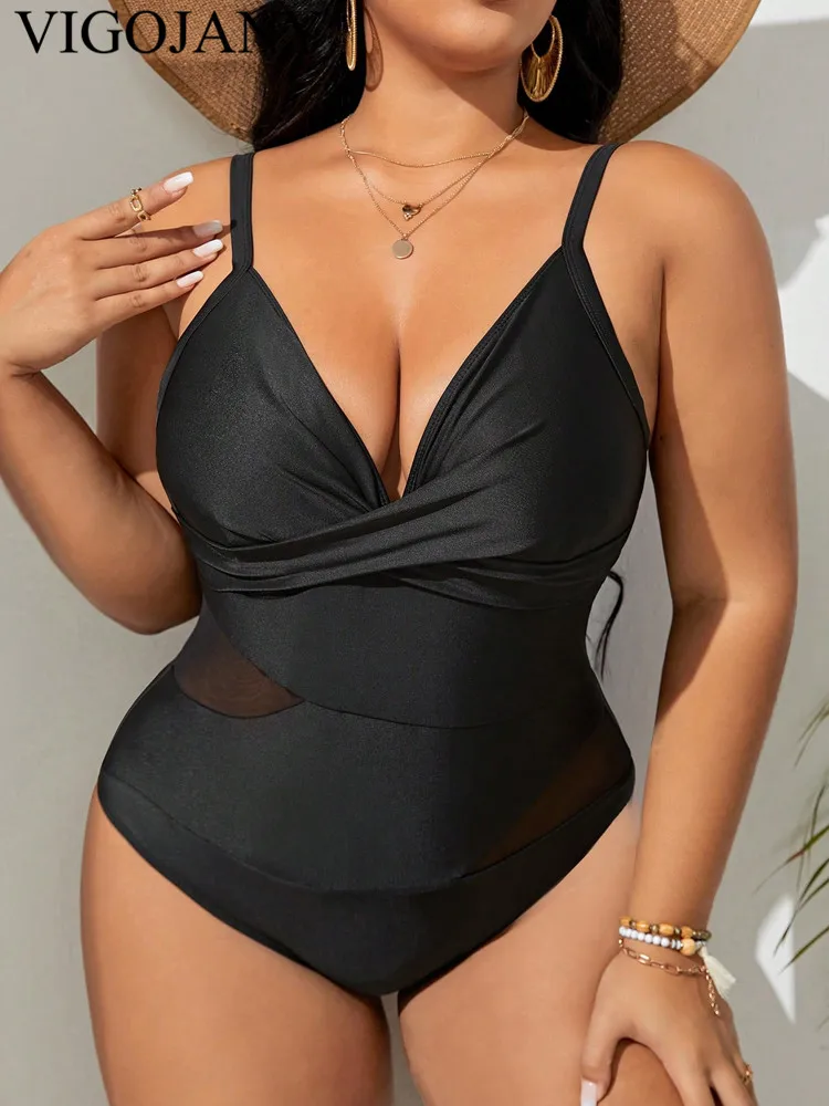 VigoJany 2025 traje de baño negro con tirantes de talla grande para mujer, traje de baño grande de una pieza con realce, traje de baño grande