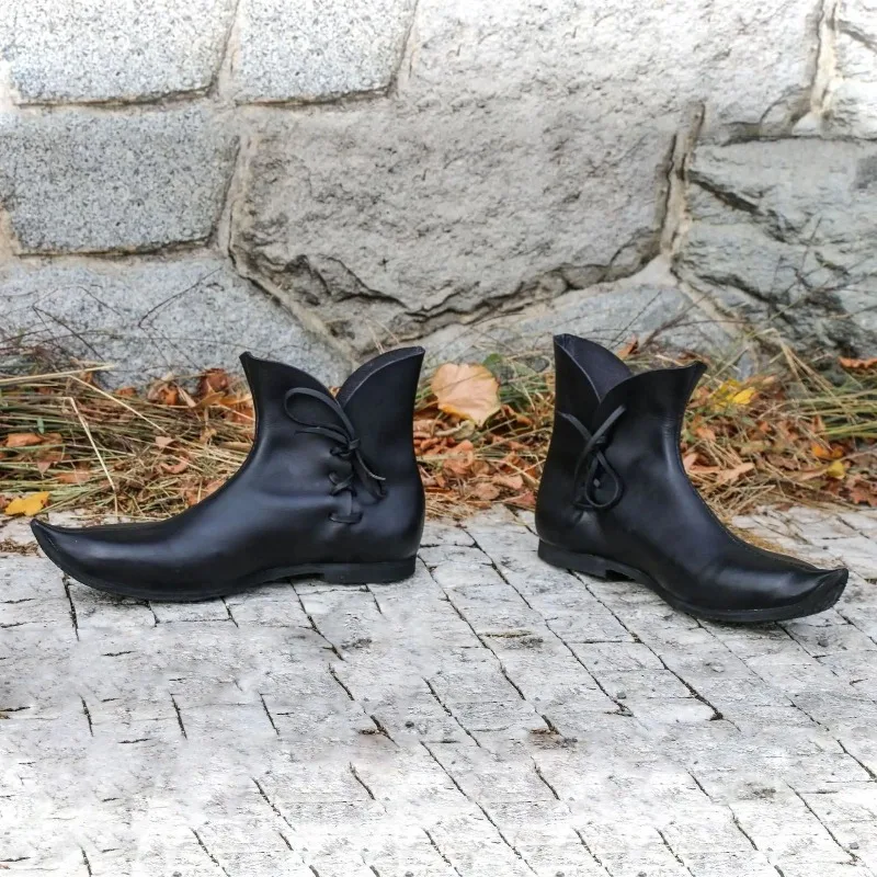Mittelalterliche Elfen-Stiefeletten, schwarz, Kunstleder, zum Schnüren, Hexen- und Zauberer-Cosplay-Schuhe, Gothic-Renaissance-Retro-Kostümstiefel
