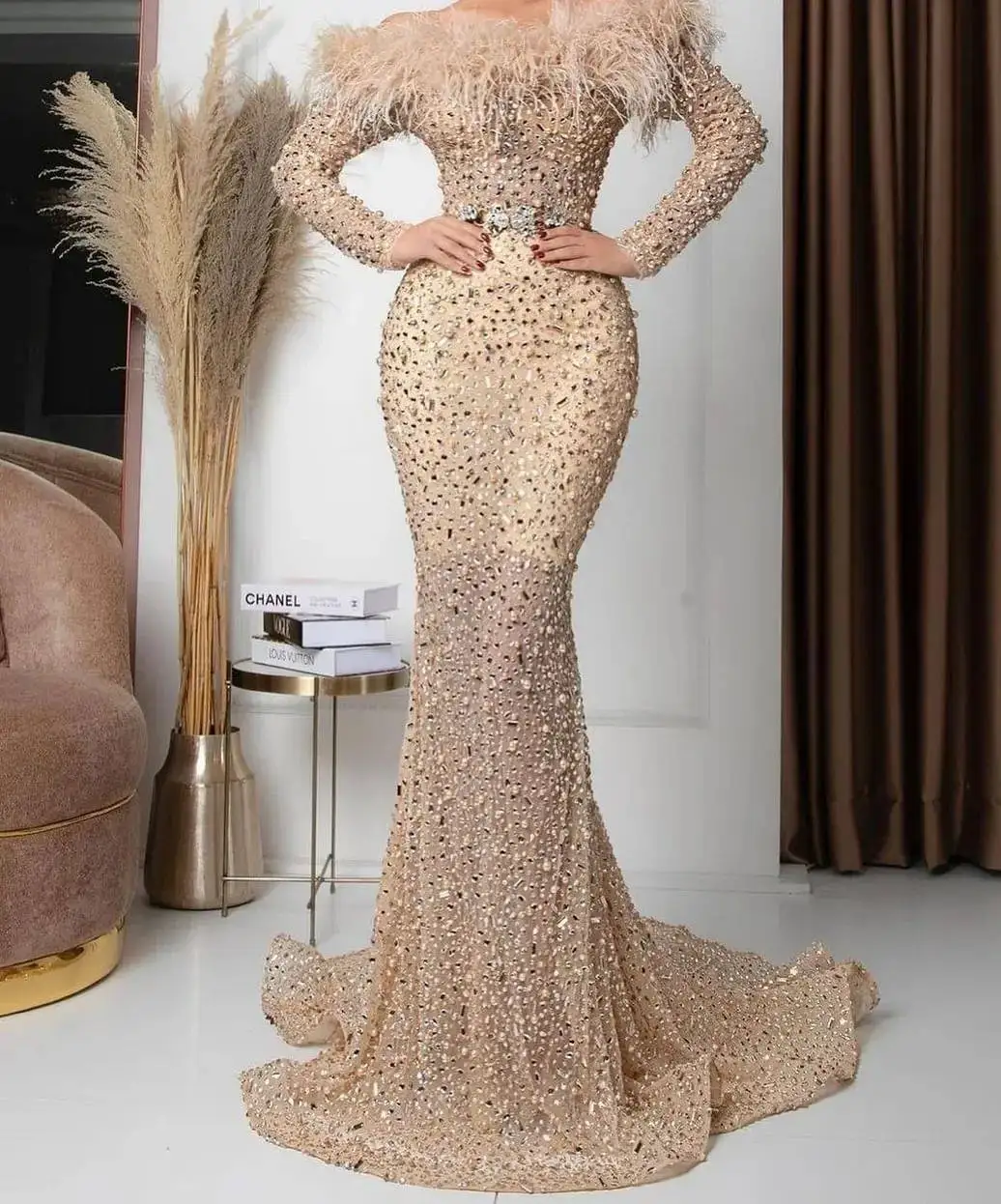 Illusion Evening Dresses Mermaid Crystal Feather Pearls Long Sleeve Prom Gown Party Dress Vestido De Noite Custom Made